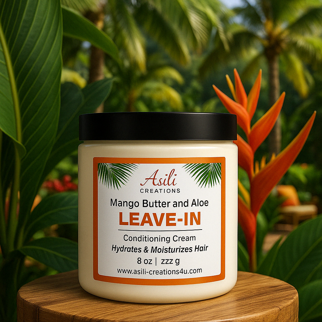 Asili Creations product shown in tropical, luxury lifestyle setting with palm leaves, reinforcing natural, Black-owned brand identity, mango butter, hydrating, type 3 hair, type 4 hair