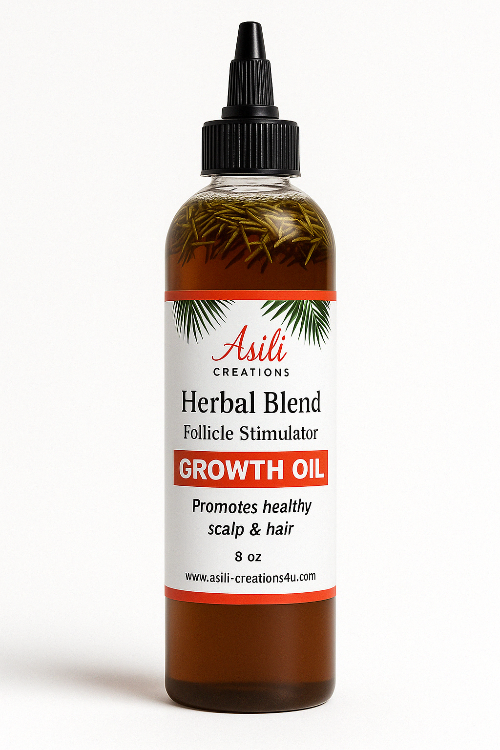 Asili Creations Herbal Follicle Stimulator Growth Oil in an 8 oz clear bottle with black twist top, infused with rosemary floating in a rich dark oil.”