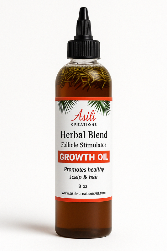 Asili Creations Herbal Follicle Stimulator Growth Oil in an 8 oz clear bottle with black twist top, infused with rosemary floating in a rich dark oil.”