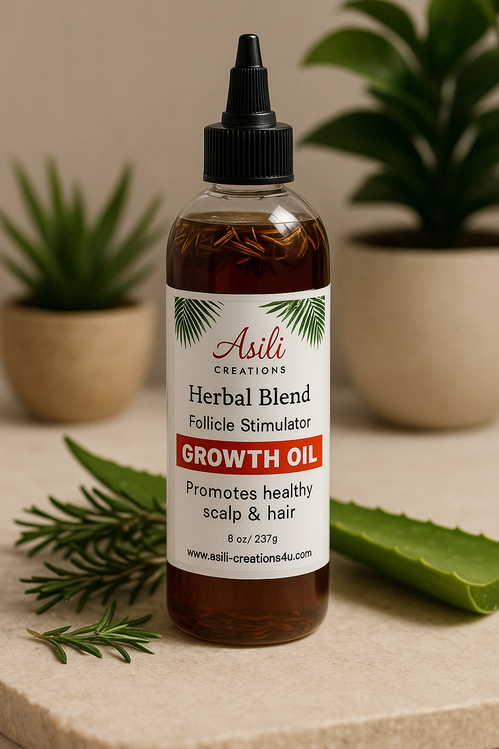 Asili Growth Oil placed on a spa-style stone counter surrounded by aloe vera and rosemary leaves, showcasing a calming and natural hair care setting.