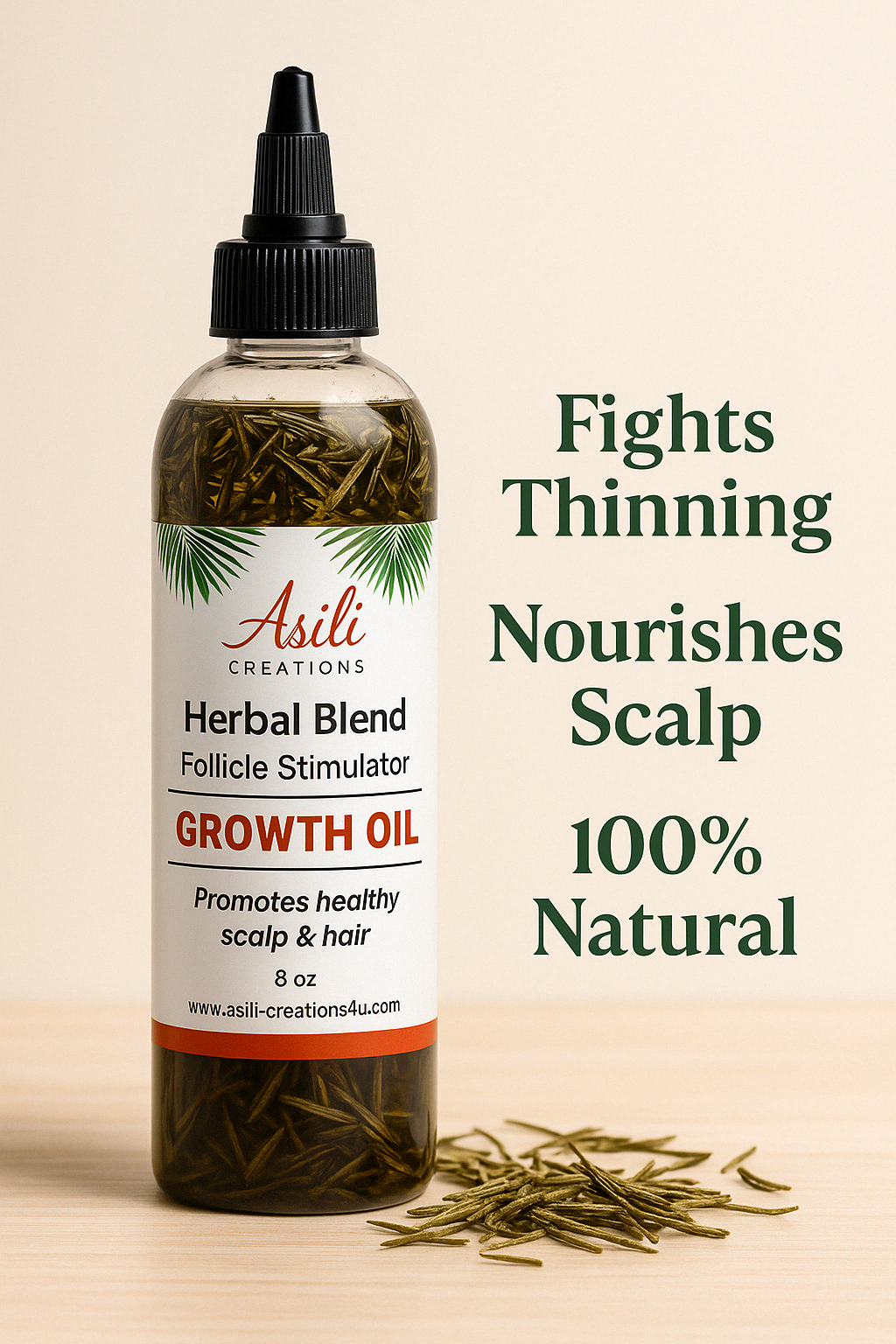 Asili Herbal Growth Oil with bold callouts: Fights Thinning, Nourishes Scalp, 100% Natural, surrounded by dried rosemary on a wooden surface.