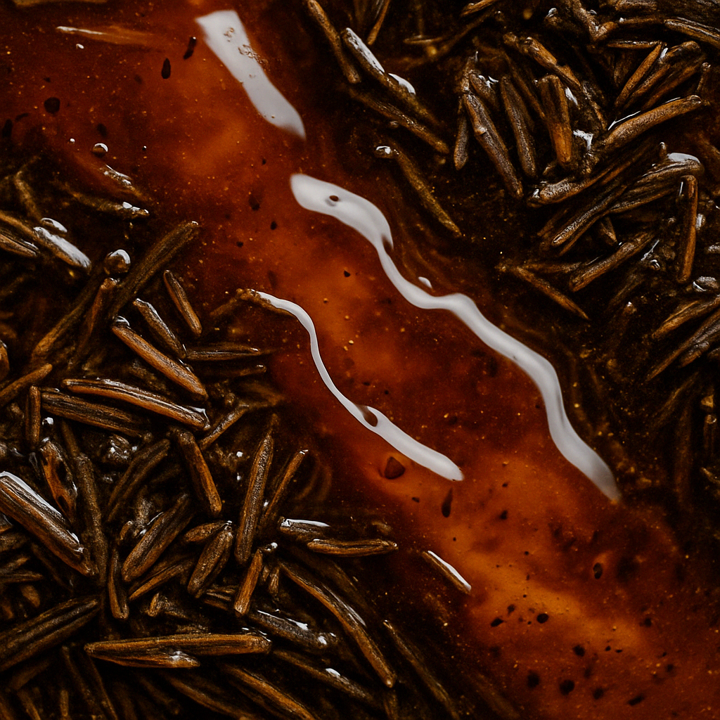 Macro shot of Asili Growth Oil with floating rosemary herbs in a dark, rich, glossy oil blend, highlighting natural texture and herbal infusion