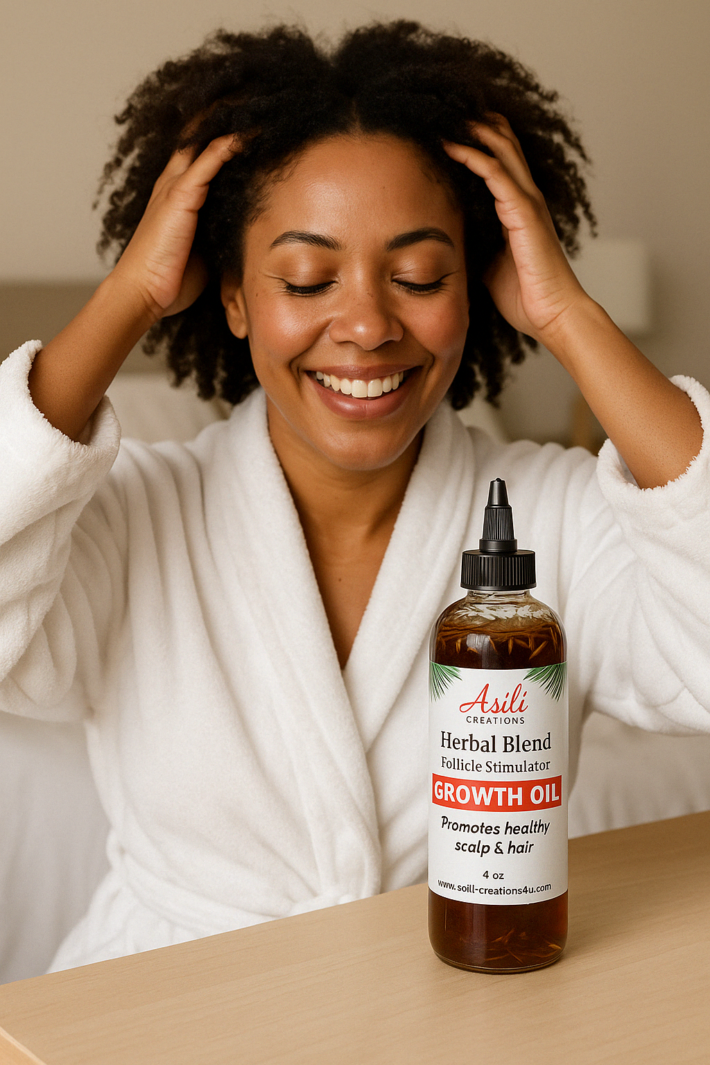 Smiling African-American woman in a white robe massaging her scalp in a cozy bedroom while using Asili Creations Herbal Blend Growth Oil. The product is placed on a nearby desk, reinforcing the ritual of natural scalp care.