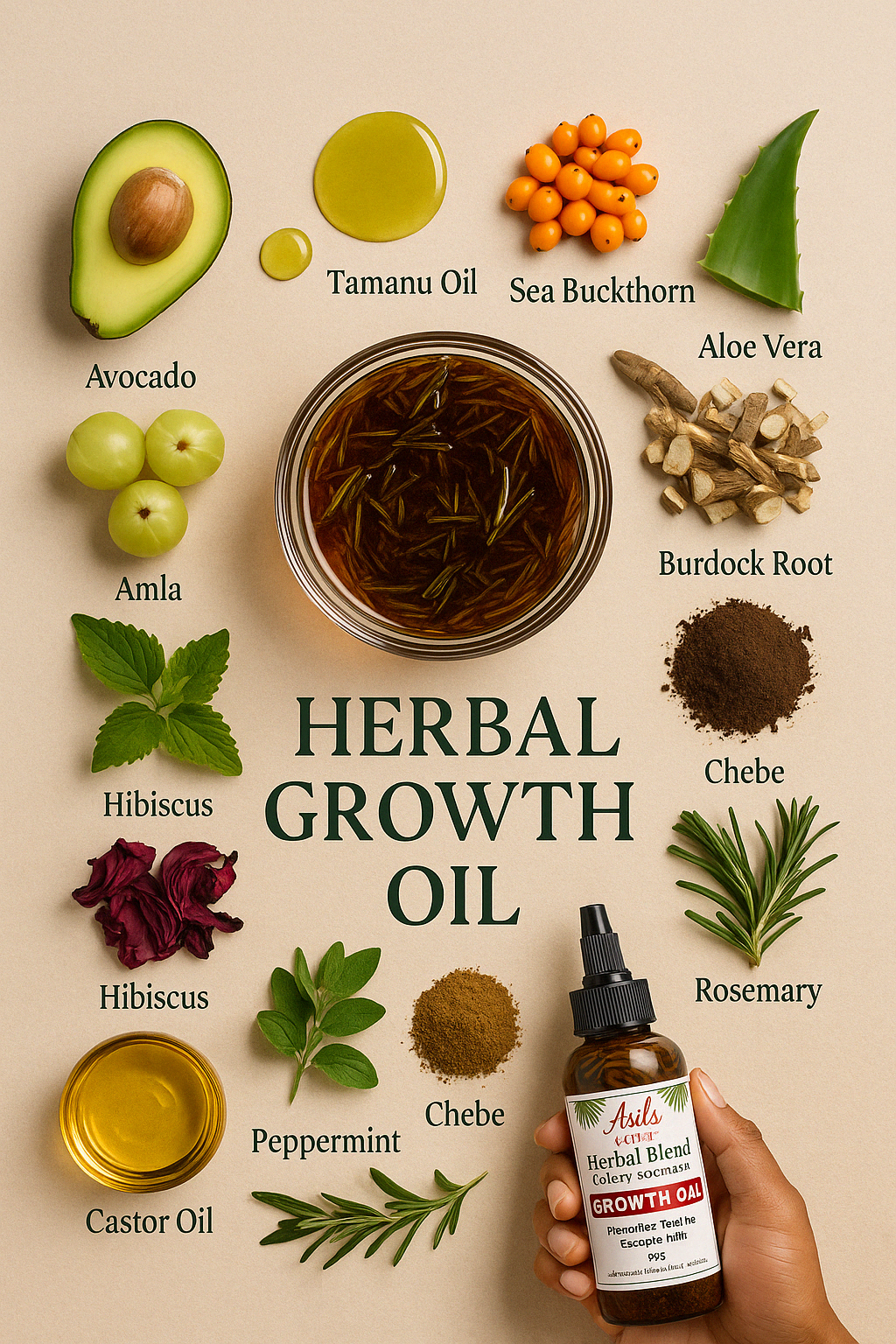 Flat lay of natural ingredients used in Asili Creations Herbal Blend Growth Oil, including rosemary, hibiscus, aloe vera, nettle, sea buckthorn, and Achebe powder on a neutral background. Showcasing the plant-powered formulation behind Asili Creations scalp and hair care