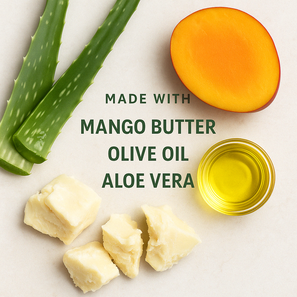 Natural plant-based ingredients including mango butter, aloe vera, and olive oil used in Asili Creations leave-in conditioner