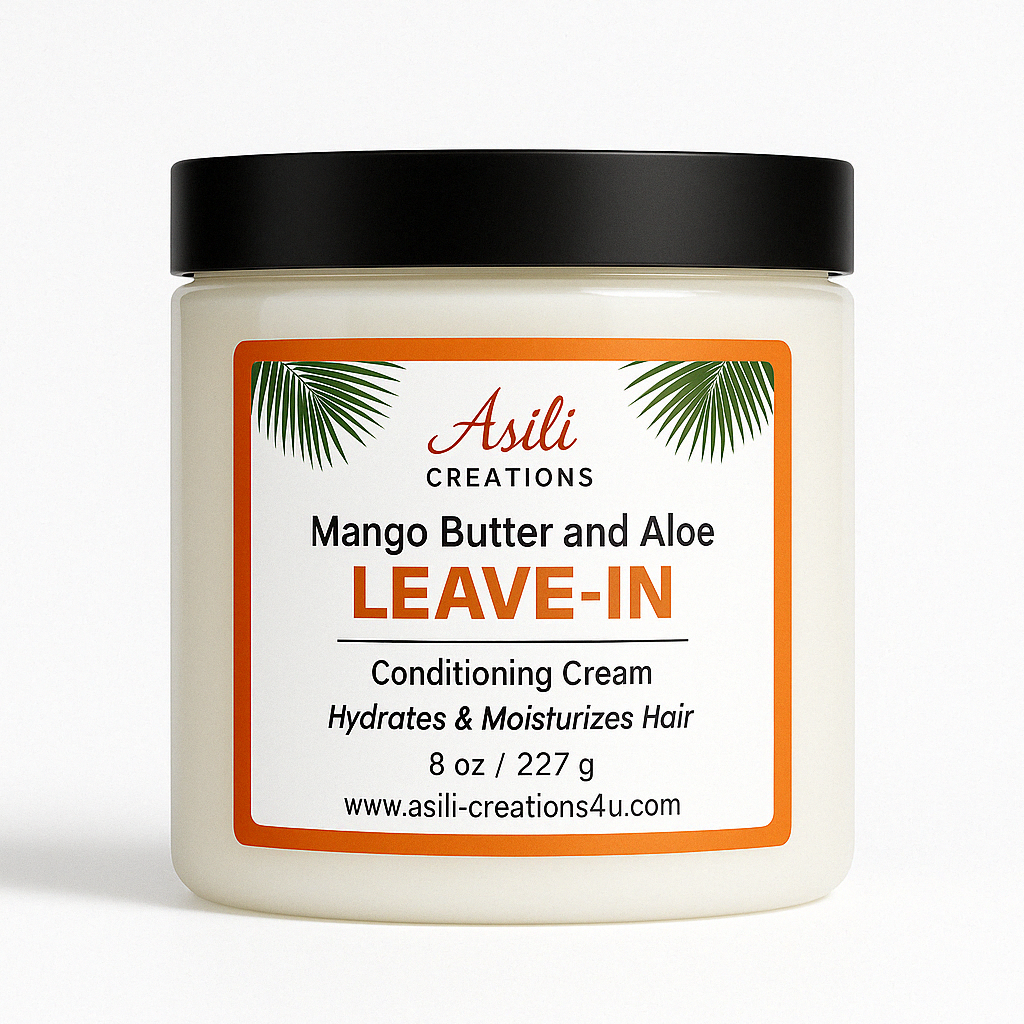 Plant-powered Mango Butter and Aloe Leave-In Conditioner for Type 4 natural hair in clear 8 oz jar, perfect for Black women’s curls
