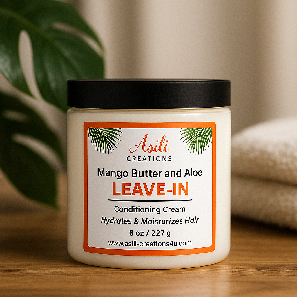 Asili Creations Leave-In Conditioner with mango butter and aloe vera placed on a tropical luxury bathroom counter for textured hair care