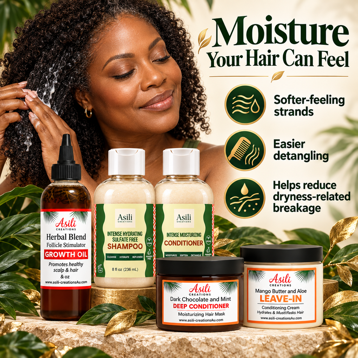     Black woman applying cream to natural curls beside the Mega Moisture Bundle, highlighting softer strands, easier detangling, and less dryness-related breakage.