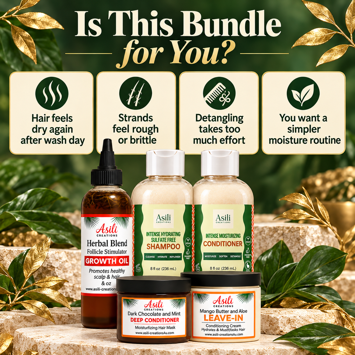     Mega Moisture Bundle for textured hair that feels dry, rough, brittle, or difficult to detangle, and customers seeking a simpler moisture routine.