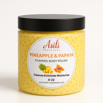 Pineapple papaya sugar body scrub for glowing skin in luxury jar
