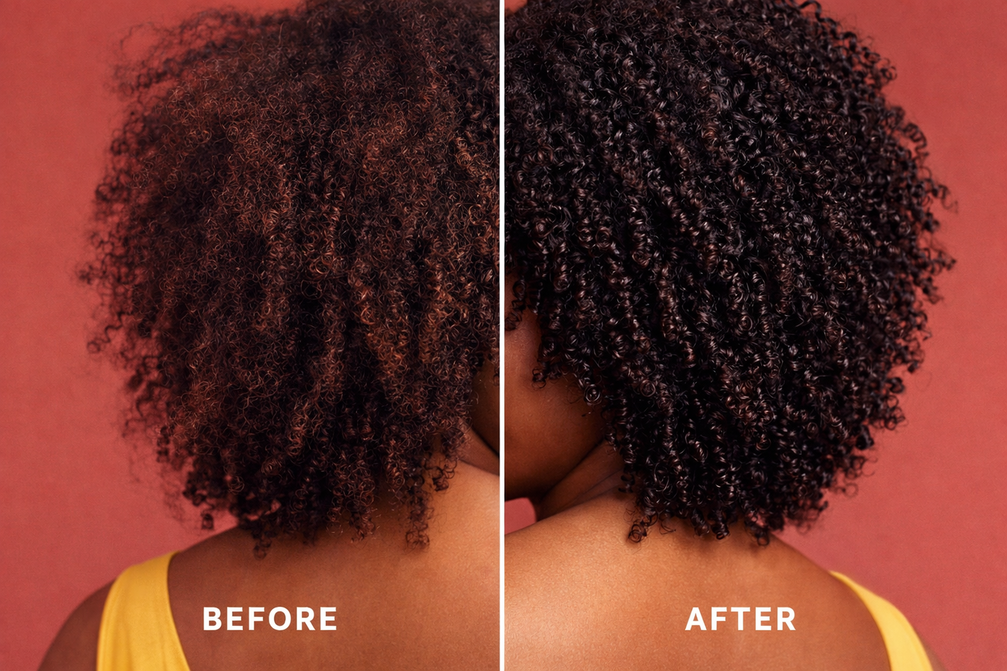 Before and after results using curl defining hair gel showing frizz control, defined curls, and improved shine on natural hair