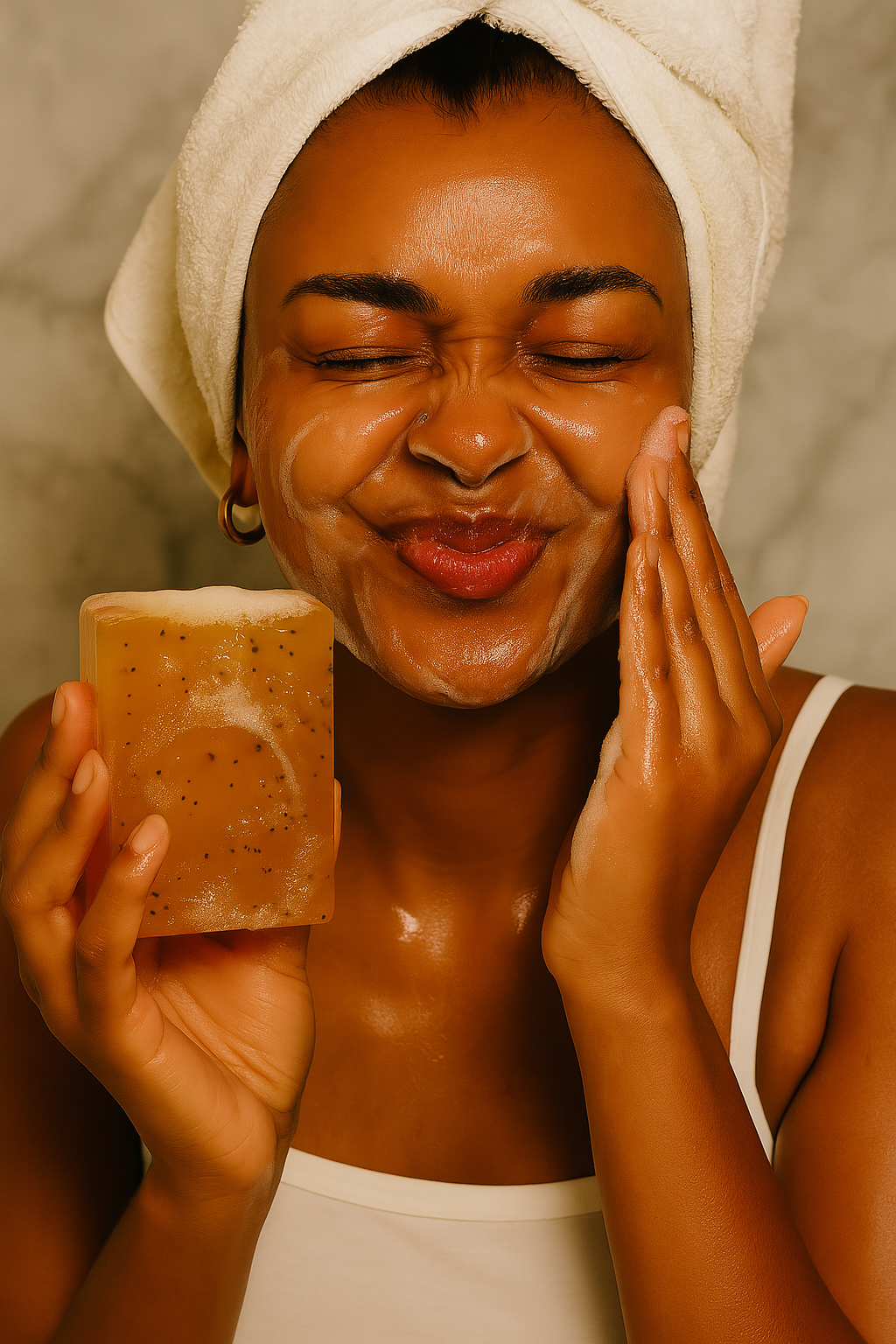 Woman using clarifying face and body soap for clear glowing skin