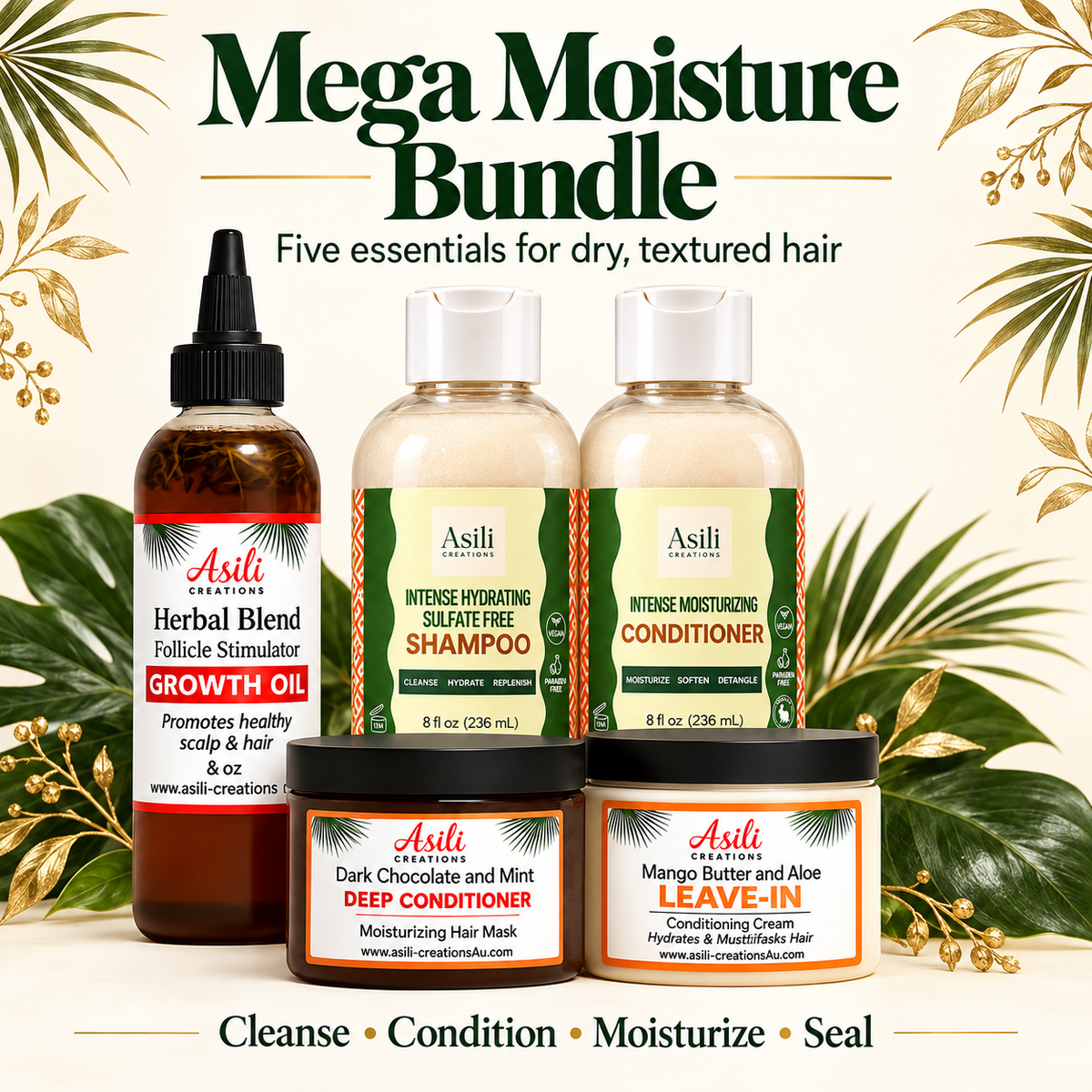     Asili Creations Mega Moisture Bundle with shampoo, conditioner, Dark Chocolate and Mint Deep Conditioner, Mango Butter Leave-In, and Herbal Growth Oil in a tropical setting
