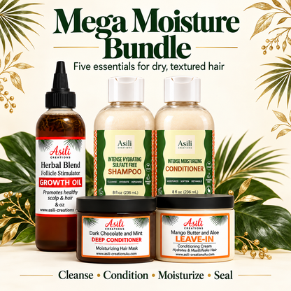     Asili Creations Mega Moisture Bundle with shampoo, conditioner, Dark Chocolate and Mint Deep Conditioner, Mango Butter Leave-In, and Herbal Growth Oil in a tropical setting