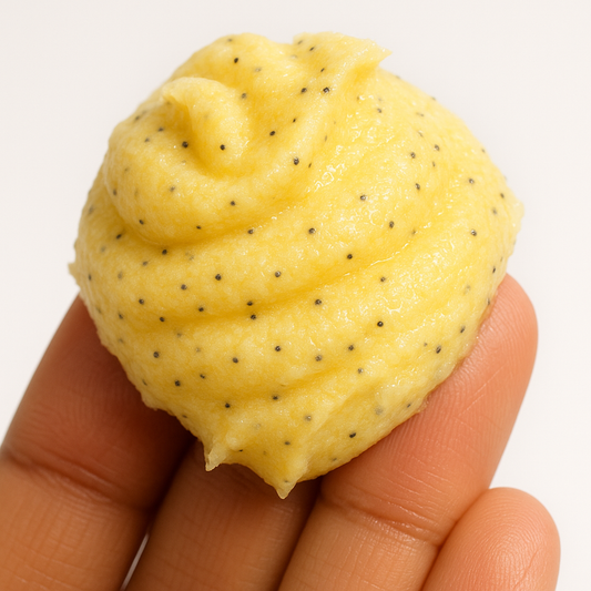 Close up of sugar body scrub texture on finger for smooth glowing skin